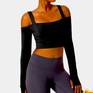 Square Neck Cold Shoulder Thumb Hole Cropped Sports Top